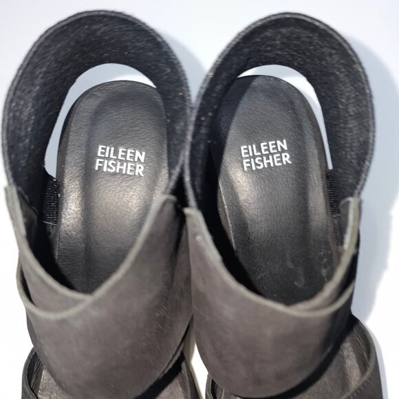 NEW Eileen Fisher Lio Wedge Womens 8.5 Black Leather Platform Sandal Chunky - Picture 8 of 14